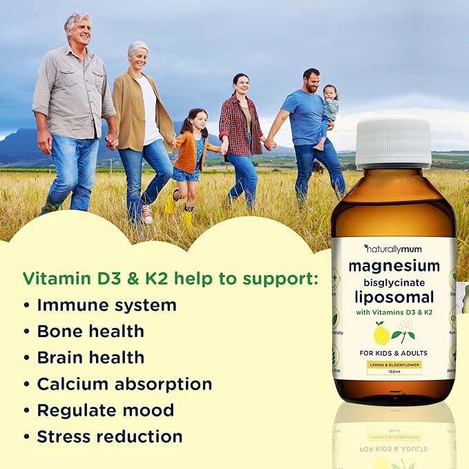 Magnesium Liposomal | with Vitamins D3 &amp K2 | Magnesium Bisglycinate | for Children &amp Adults | Highly Absorbable Liquid Supplement | Lemon &amp Elderflower Flavour | 30-Day Supply | 5 fl oz