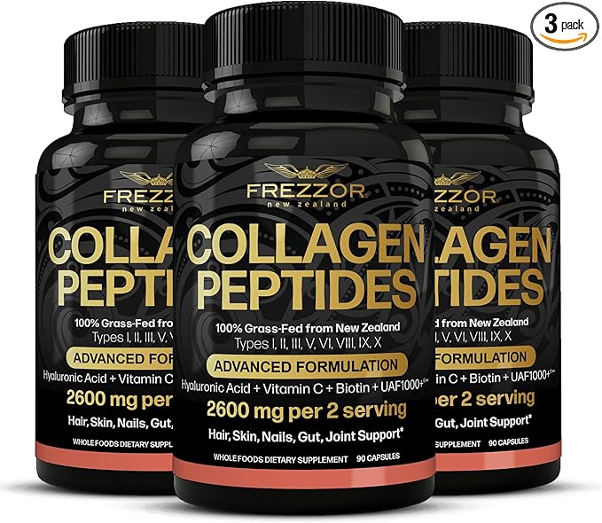FREZZOR Collagen Peptides with UAF1000+ 100% Grass-Fed New Zealand Cattle Source Hydrolyzed Joint Skin Hair &amp Nail Support Amino Acids Anti-Aging 270 Capsules 3 Bottles