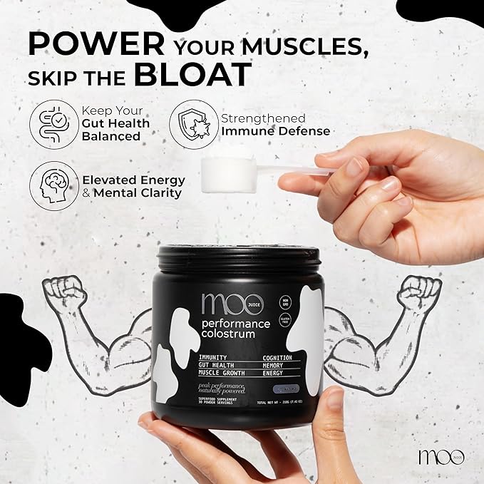 Moo Juice Colostrum Powder with Creatine Monohydrate | 2000mg Grass-Fed Bovine Colostrum + 5000mg Creatine | Bloat-Free Performance Combo | Unflavoured 6.3oz