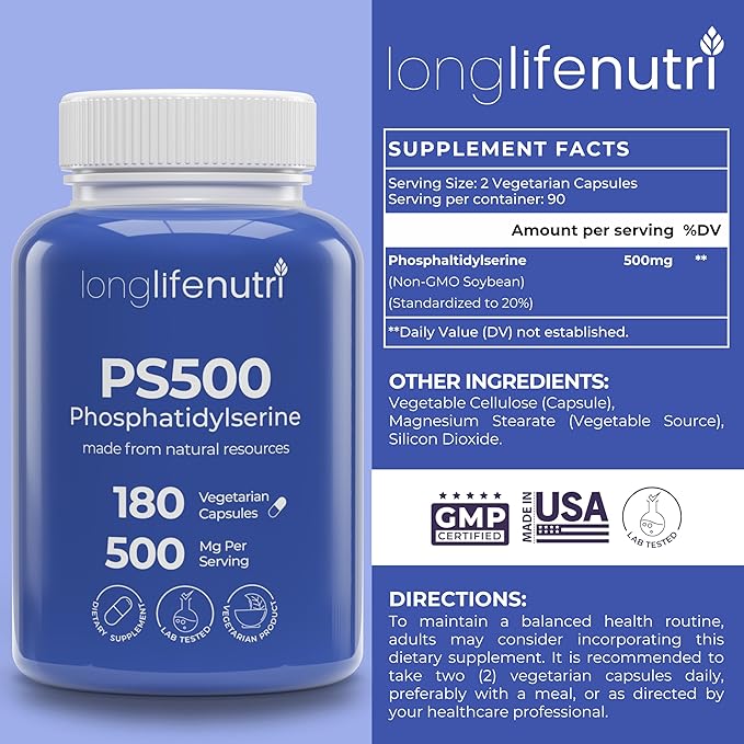 Phosphatidylserine Pure 500mg – 180 Vegetarian Pills 3-Month Supply Supplement for Strengthening Memory Focus &amp Cognitive Function Made in USA Lab Tested Non GMO