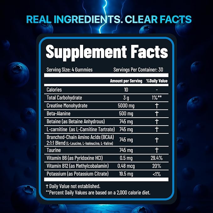 Creatine Monohydrate Gummies 8500mg Complex for Men &amp Women - Pre Workout Creatine Chews for Muscle Growth Strength &amp Energy Sugar Free Vegan Blueberry Flavor - 120 Count