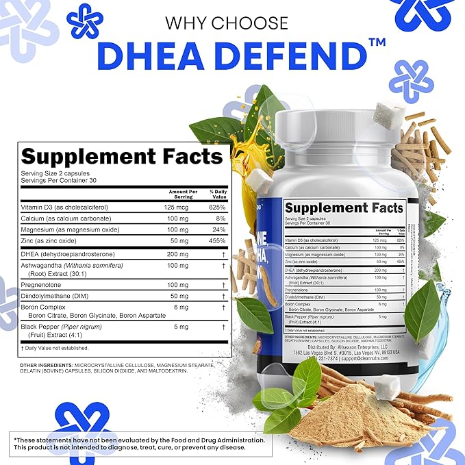 DHEA 200mg Supplement Pregnenolone 100mg for Men &amp Women with DIM Ashwagandha Boron 6mg Complex Calcium Magnesium Zinc 50mg Vitamin D3 5000 IU Hormone Support Capsules Pills Made in USA 60 Count