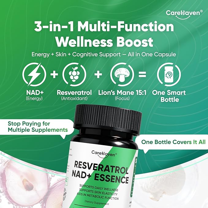 NAD+ Resveratrol Essence Capsules - 5mg NAD+ &amp Lion's Mane Mushroom - Supports Healthy Cell Function &amp Daily Wellness - 60 Active Dietary Capsules (1PCS)
