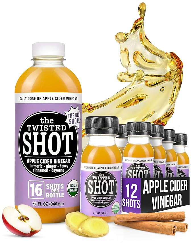 The Twisted Shot | Organic Apple Cider Vinegar Wellness Shots with Ginger Turmeric Honey Cinnamon &amp Cayenne | Supports Digestion Immunity &amp Gut Health | 32 oz Bottle + Twelve 2 oz Minis