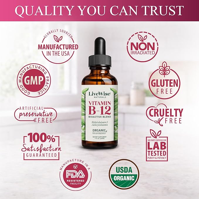 Organic Vitamin B12 1000 mcg Sublingual Liquid Drops For Adults 6 Months Supply 1 oz Methylcobalamin &amp Adenosylcobalamin - Bioactive Blend for Energy Clarity &amp Focus - Vegan Non-GMO Unfla