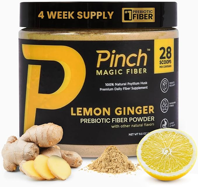 Pinch Magic Sugar Free Fiber Powder – Light Lemon Ginger Psyllium Husk with Bromelain &amp Vitamins C &amp D – Vegan Gluten-Free Clean Label USA-Made GMP-Certified – 28-Day Supply
