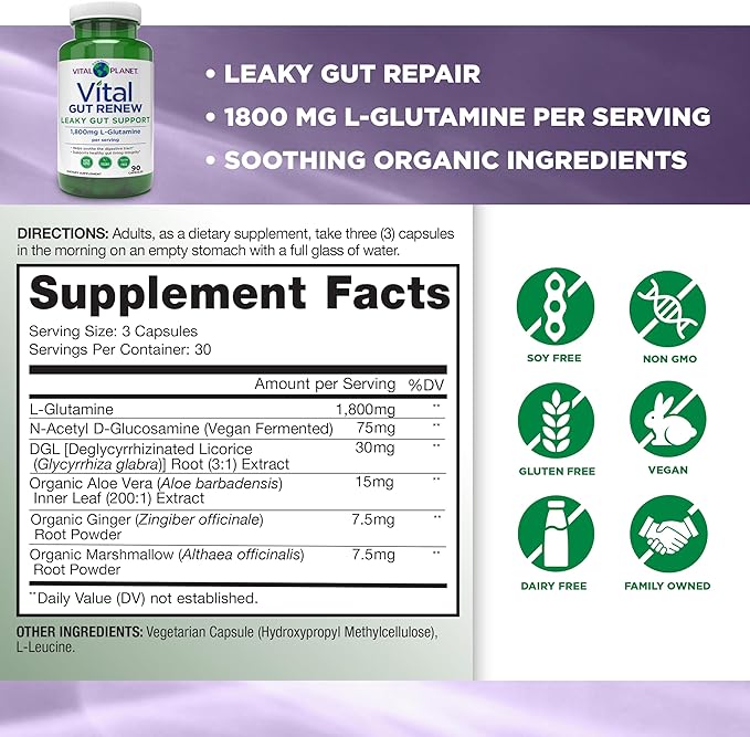 Vital Planet - Vital Gut Renew Capsules Supplement for Leaky Gut Repair with L-Glutamine Marshmallow and Ginger Root DGL Licorice Root and Organic Aloe Vera L Glutamine 1800mg 90 Capsules