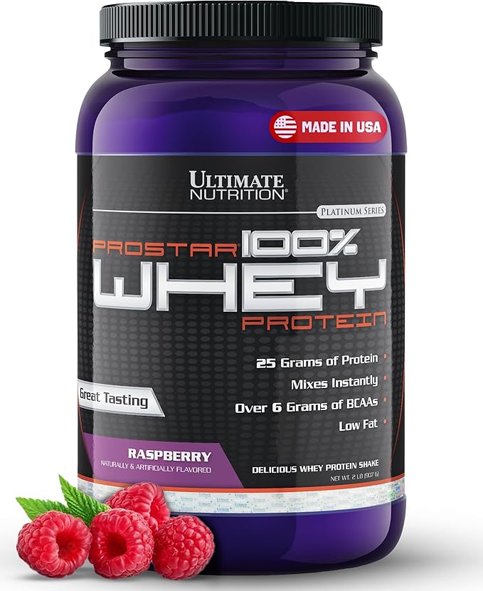 Ultimate Nutrition Prostar Whey Protein Powder Isolate Raspberry - Low Carb High Protein Powder Shake for Muscle Gain &amp Recovery - Low Sodium Low-Fat &amp Keto Friendly - 2 lbs Tub