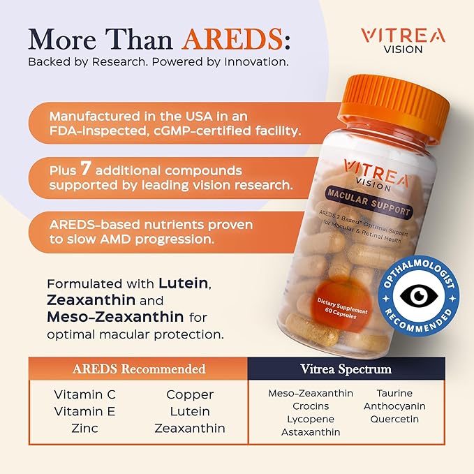 Vitrea Health Vision Macular Support – AREDS2 Eye Supplement with Lutein Zeaxanthin Marigold &amp 13 Nutrients – Helps Protect Against Blue Light – No Dyes or Titanium Dioxide – Retinal Health Supp