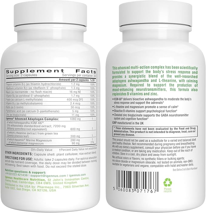 Super B12-Complex 1000mcg + Advanced Ashwagandha KSM-66 L-Theanine &amp Magnesium Bundle High Absorption Sublingual Vitamin B12 + Multi Action Adaptogen Complex by Igennus