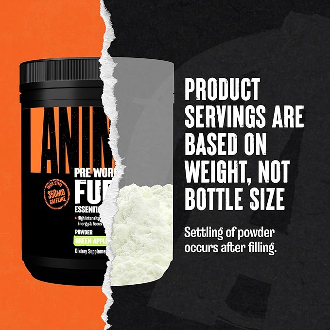 Animal Fury Pre Workout Powder - Green Apple 350mg Caffeine BCAA Amino Acids 2g Beta Alanine Citrulline &amp Tyrosine Energy Focus Strength Endurance Preworkout for Men &amp Women 30 Servi