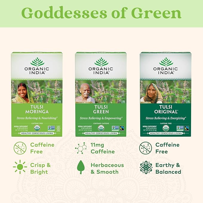 ORGANIC INDIA Tulsi Moringa Tea Bags- Holy Basil Lemongrass Moringa Leaves Calming Immune Support Tea USDA Organic Caffeine Free- 18 Bags 3 Pack