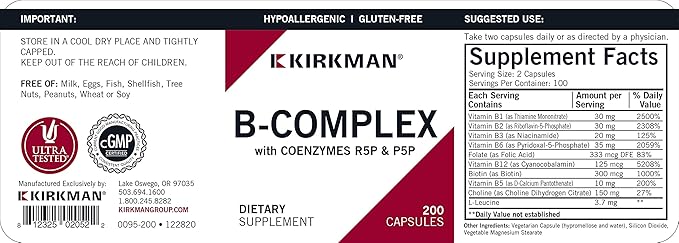 Kirkman B-Complex with CoEnzymes R5P &amp P5P - Hypoallergenic - 200 Vegetarian Capsules