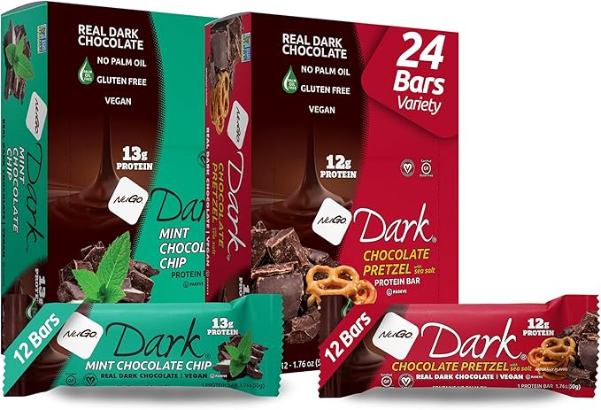 NuGo Dark Variety - Chocolate Pretzel 12 Bars &amp Mint Chocolate Chip 12 Bars 12-13g Protein Vegan Gluten Free Non-GMO Kosher Pareve 24 Count