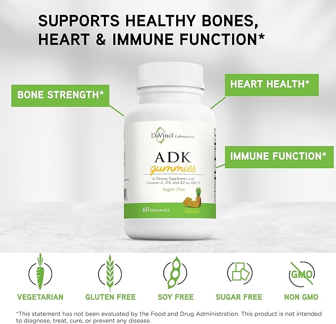 DAVINCI Labs ADK Gummies - Helps Support Bone Health &amp Immune Response* - Multivitamin Gummy with Vitamins A D3 &amp MK-7 - Vegetarian Gluten Free Soy Free - Pineapple Flavor - 60 Gummies