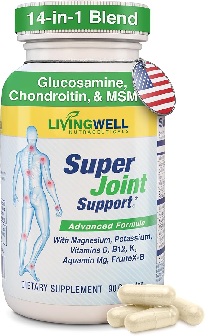 SUPER JOINT SUPPORT Glucosamine Chondroitin &amp MSM for Bone &amp Muscle Health - Joint Supplement for Men &amp Women with Vitamin D B12 Magnesium Potassium &amp Calcium - All in One Support -
