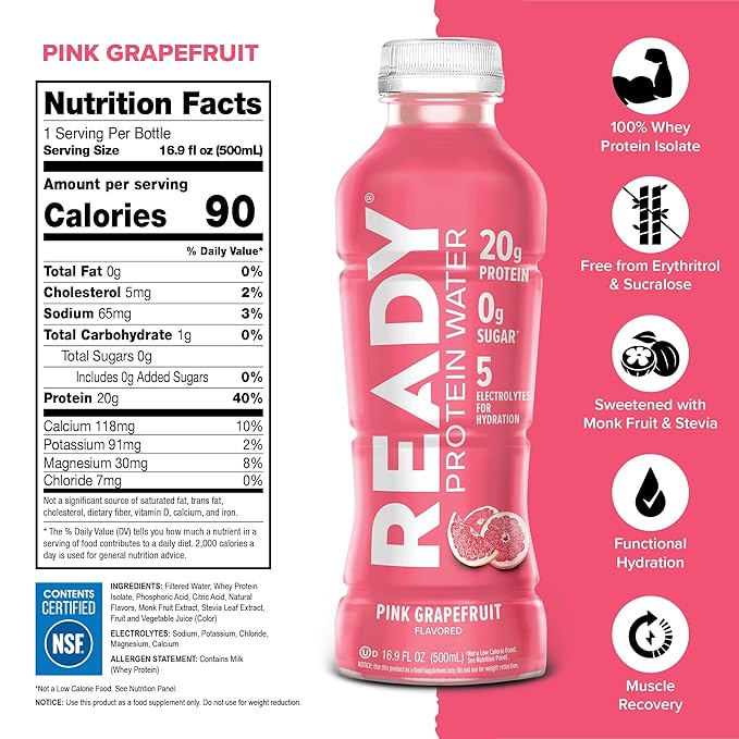 Ready® Clear Protein Water – 20g Whey Protein Isolate Zero Sugar Low-Calorie Sports Drink for Hydration &amp Recovery – Electrolytes Essential Amino Acids – Pink Grapefruit 16.9 fl oz Bottles (12