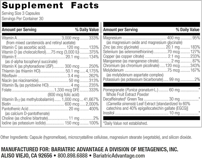 Bariatric Advantage Ultra Multi Without Iron High Potency Daily Multivitamin for Bariatric Surgery Patients with 22 Essential Vitamins and Nutrients - 90 Capsules 30 Servings