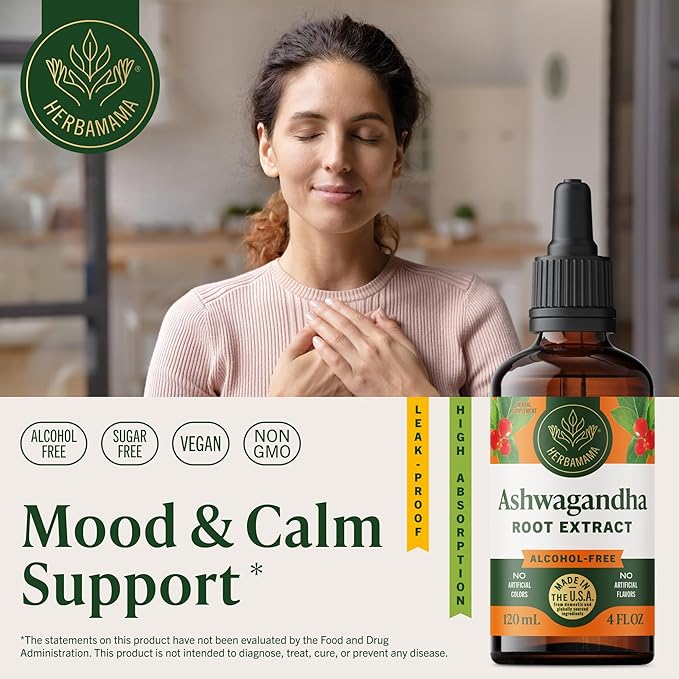 HERBAMAMA Ashwagandha Drops - Vegan Relaxation &amp Mood Support with Ashwagandha Root Extract - Non-GMO Alcohol &amp Sugar-Free Calming Supplements for Adults - 56-Day Supply