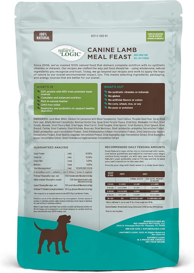 Nature's Logic Dry Dog Food - 100% Natural - No Synthetics - For All Ages Sizes Breeds - Free From Common Allergens High Protein - Lamb Meal Feast 4.4lbs