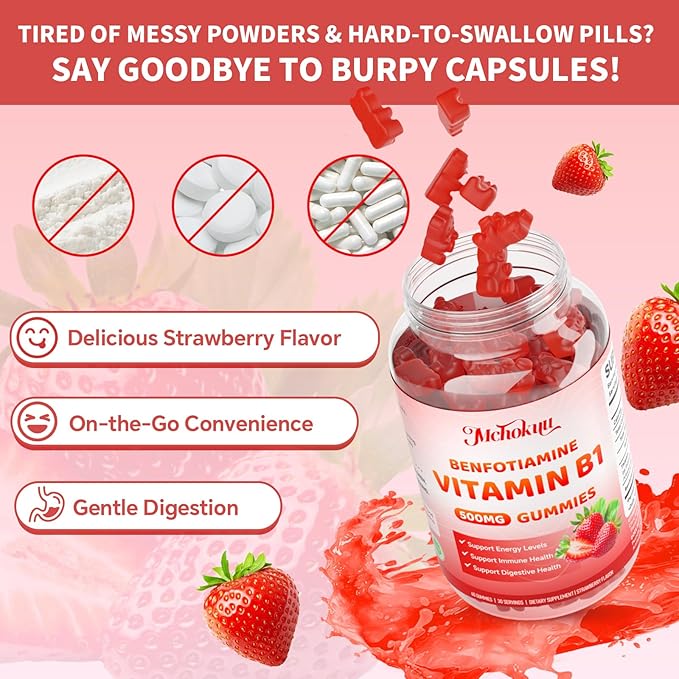 Vitamin B1 Gummies 500mg with Benfotiamine | High Potency Thiamine Supplement for Women &amp Men Energy Support | Sugar Free Vegan Non-GMO | Natural Strawberry Flavor 120 Count