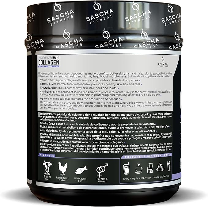 SASCHA FITNESS Hydrolyzed Multi Collagen Peptides Tipes 12 &amp 3 |Hyaluronic Acid|Biotin Cynatine HSN|Vitamin C &amp E |for Hairs Skin &amp Bone Support|Chocolate Flavor
