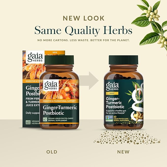 Gaia Herbs Ginger-Turmeric Postbiotic - Healthy Gut Support* - 60 Vegan Liquid Phyto-Caps (30 Servings)