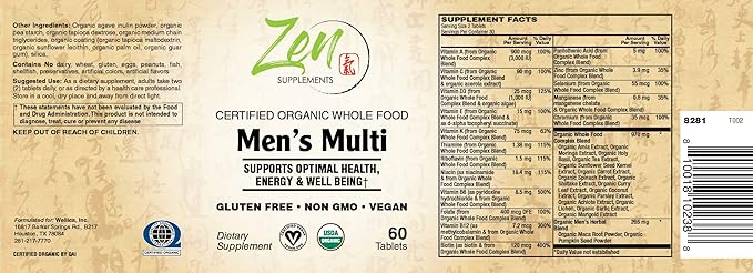 Zen Supplements Whole Food Organic Mens Multivitamin - 120 Tablets