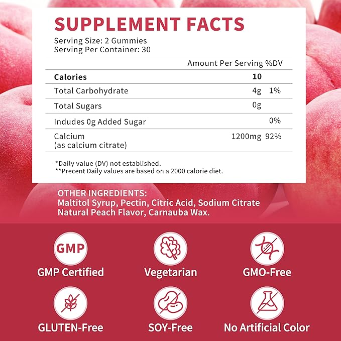 (2 Pack) Calcium Citrate 1200 mg Gummies Supplements for Women &amp MenPure Calcium Citrate Gummies for Bone Muscle &amp Immune Support - Easy to Digest Sugar FreeVeganPeach Flavor60 Day Suppl