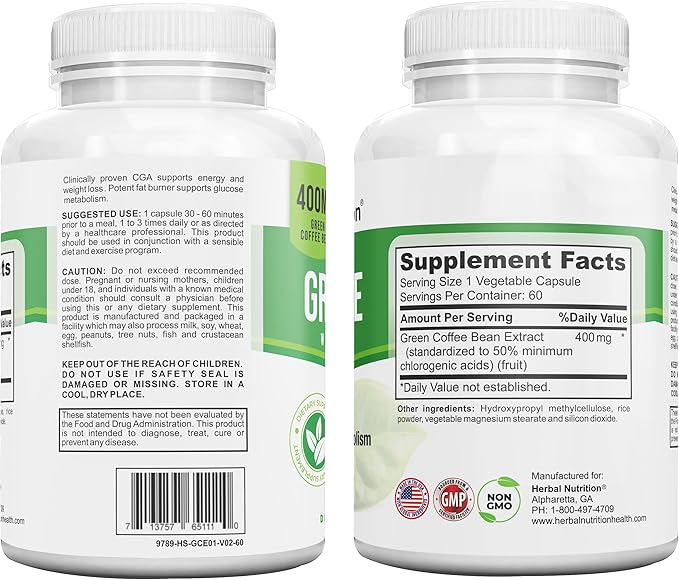 Herbal Nutrition BOGO Pure Green Coffee Bean Extract Two Bottle Pack 120 Capsules Multi-Level Dosing 400mg - 1200mg Per Serving 50% Chlorogenic Acid. Weight Loss &amp Cleanse Supplement