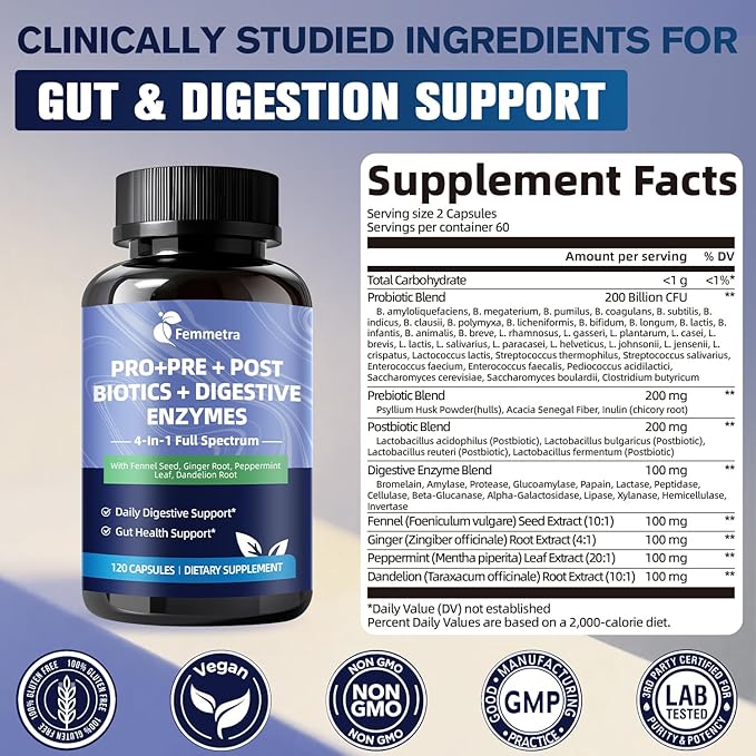 Digestive Enzymes Postbiotics Prebiotics Probiotics for Women Men 200 Billion CFU 36 Probiotic Strains - Complete Gut Digestive Regularity Gas Bloating &amp Immune Support Supplement Vegan 60