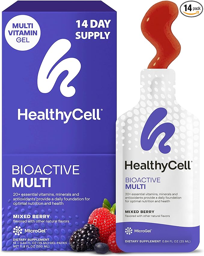 Healthycell Bioactive Daily Liquid Multivitamin for Men &amp Women – 20+ Essential Vitamins Minerals &amp Antioxidants for Brain Heart Immune Support Skin &amp Hair Support - 14 Gel Packs