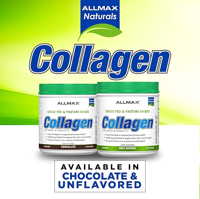 ALLMAX Collagen Powder Grass Fed &amp Pasture Raised – with Biotin (10000 mcg) &amp Vitamin C (90 mg) (440 Grams Chocolate)