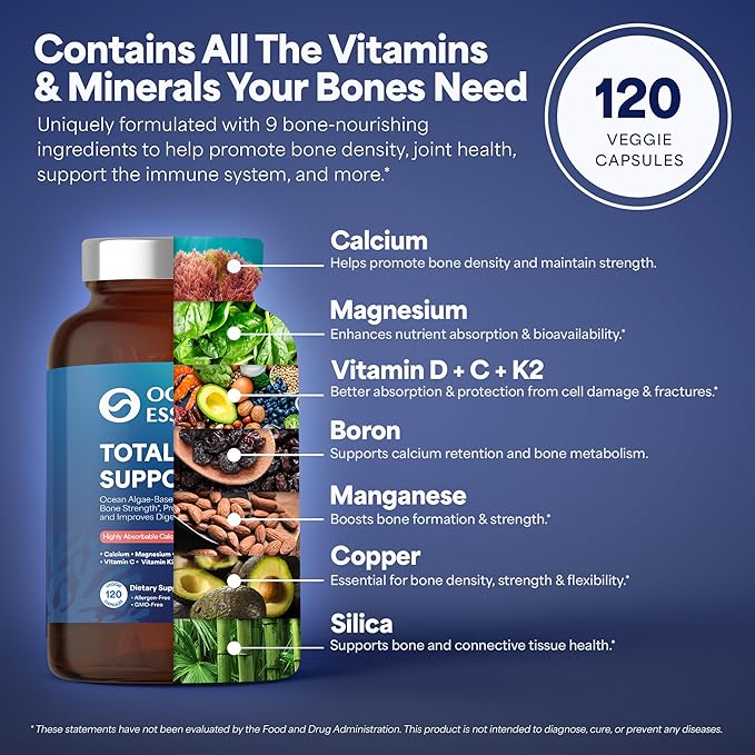 3 Pack OCEAN ESSENCE Total Bone Support - Plant-Based Algae Calcium Supplement for Supporting Bone Density &amp Strength - For Men &amp Women 35+ - 120 Natural Calcium Capsules - Vitamins for Optima