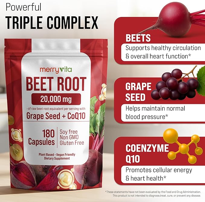 Beet Root Capsules with Grape Seed &amp CoQ10 - Blood Pressure Support Supplement - Nitric Oxide Booster - Super Beets Supplement for Heart Energy Circulation - 180 Vegan Capsules Non GMO