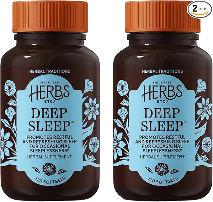 Herbs Etc. Deep Sleep Softgels - Herbal Sleep Support Supplement - Rest &amp Calming Support with Passionflower Chamomile &amp Lemon Balm - 120 Softgels (120 Servings) - 2 Pack