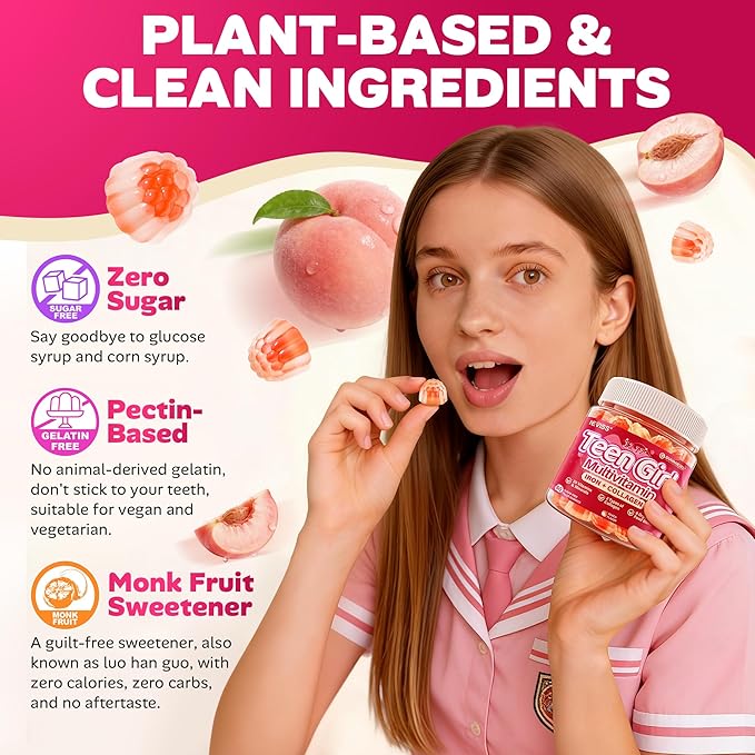 Methylated Multivitamin Gummies for Teen Girls 12-17 Methylfolate Iron Collagen D3 K2 Magnesium Zinc Daily Vitamins A C E B Complex for Teenager Growth Skin Bone Energy - Sugar Free 60 Cts