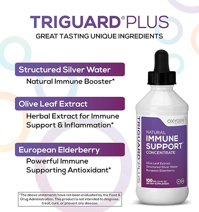 Triguard Plus Concentrate | Colloidal Silver Sambucus Elderberry Extract &amp Olive Leaf Extract 3-in-1 Liquid Immune Support | Powerful Immune System Booster | Great Taste - 3.4oz / 100ml Made in