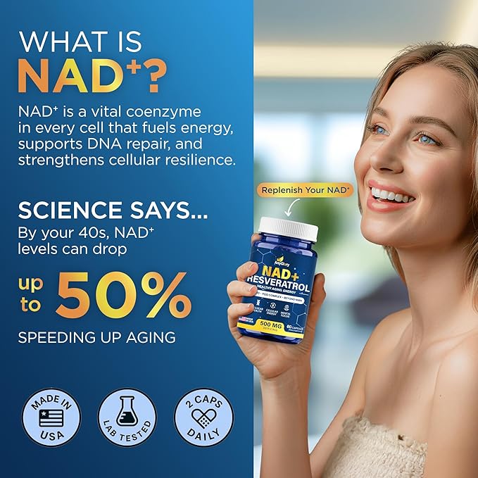 NAD+ Supplement with 500mg NR Resveratrol CoQ10 PQQ- 5-in-1 NAD Formula |NMN Supplement Alternative|NAD Resveratrol Support Cellular Energy &amp Healthy Aging-Made in USA-60 Capsules