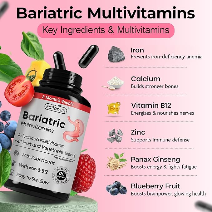 Bariatric Multivitamin with Iron – Post Bariatric Surgery – Gastric Bypass &amp Sleeve Support – for Women &amp Men – Easy to Swallow – B12 B6 &amp 42 Superfoods –Gluten-Free- 120 Caps 2-Month Sup