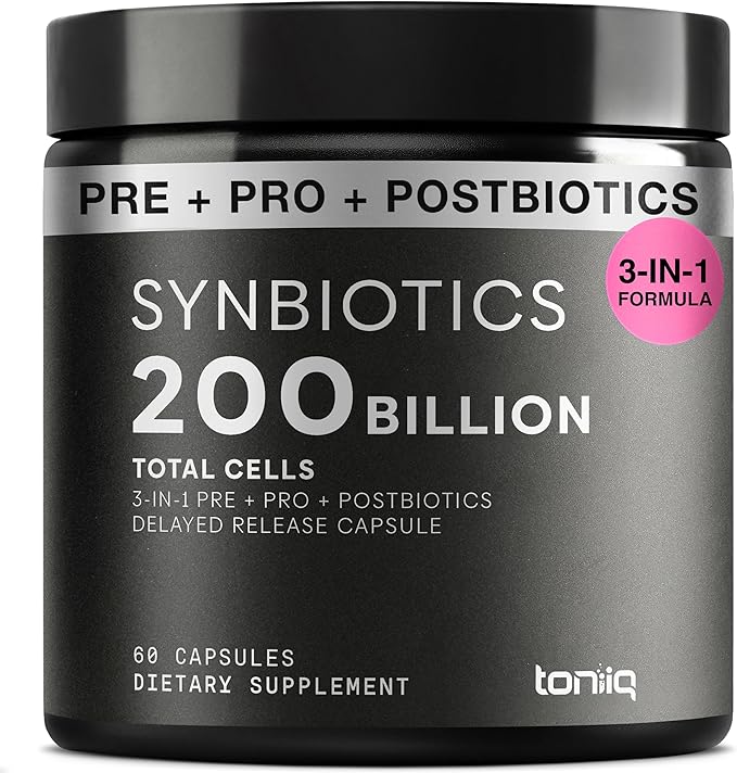 Toniiq Prebiotics and Probiotics – 200B TFU with Postbiotics IMMUSE® &amp ButyraGen® – 30 Strains – Shelf-Stable Synbiotic Formula – Third-Party Tested – 60 Capsules