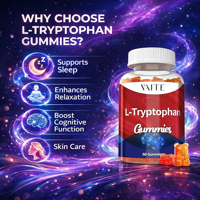 VAITE L Tryptophan 1000mg Gummies – Chewable Supplement for Positive Outlook Calm Support &amp Inner Balance 60 Vegan Gummy to Promote Restful Nights Support Mental Focus &amp Encourage Peaceful