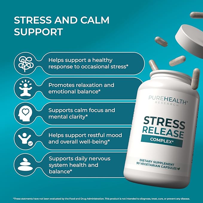 PUREHEALTH RESEARCH Stress Release Complex - Mood Support Supplement for Women &amp Men - Helps With Occasional Stress &amp Relaxation - With Ashwagandha L Theanine Lemon Balm Niacin &amp More -