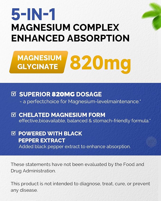 Five-Form Magnesium Complex 820mg High Absorption with GlycinateCitrate MalateTaurate &amp L-Threonate for Sleep Mood Muscle Relaxation &amp Nerve Function – Vegan Non-GMO Made in USA – 240 C