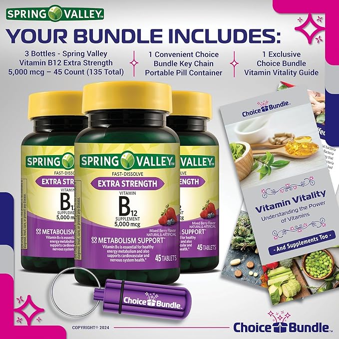 Spring Valley Vitamin B12 Fast Dissolve Tablets Extra Strength Metabolism Support 5000 mcg 45 Ct 3 pk (135 Total) + Vitamin Vitality &amp Pill Buddy (5 Items)!