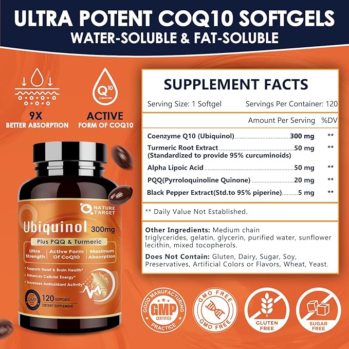 NATURE TARGET Ubiquinol CoQ10 300mg softgels with PQQ &amp Turmeric High Absorption Coenzyme Q10 Supplement with ALA &amp Black Pepper Antioxidant for Heart &amp Brain Health Energy Production