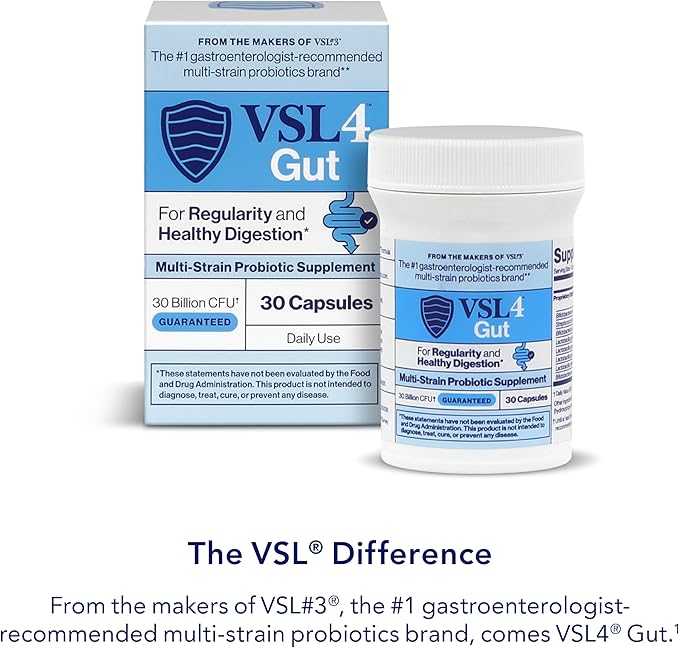 VSL4® Gut Daily Probiotics for Gut Health - 30B CFUs Multi-Strain Digestive Support for Women &amp Men Promotes Gut Balance &amp Regularity Potent Shelf-Stable Probiotic Supplement 30 Capsules