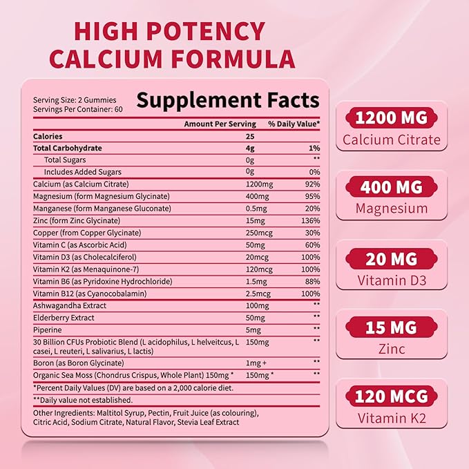 120 CT Calcium 1200 Mg with Vitamin D3 K2 Gummies for AdultsCalcium Citrate Supplements Gummies Women &amp Men - Calcium Gummies with Magnesium &amp ZincB6 B12- Extra Absorption Calcium Supplemen