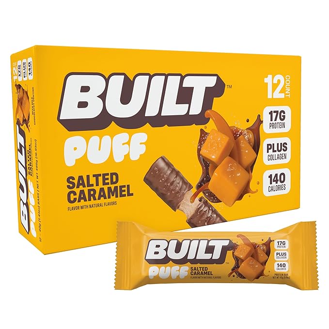 BUILT Bar Puff Protein Bars - Salted Caramel - 17g Protein Snack Bars with Collagen - Calorie Conscious &amp Gluten Free - 12 Count