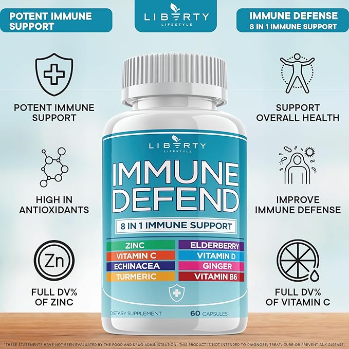 8 in 1 Immune Supplement with Echinacea Vitamin C and Zinc 50mg Vitamin D 5000 IU Turmeric Curcumin &amp Ginger B6 Elderberry 60 Capsules